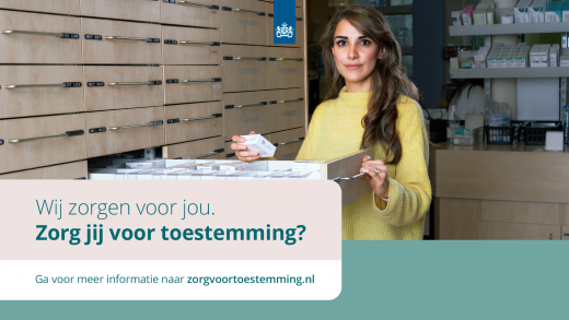 Apotheker Shanaz voor de VWS-campagne 'Wij zorgen voor jou, zorg jij voor toestemming?'